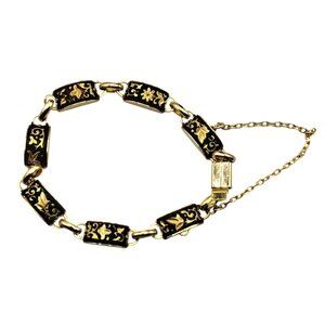 Vintage Damascene Bracelet Panel Links Leaves and Vines Design Safety Chain Cost